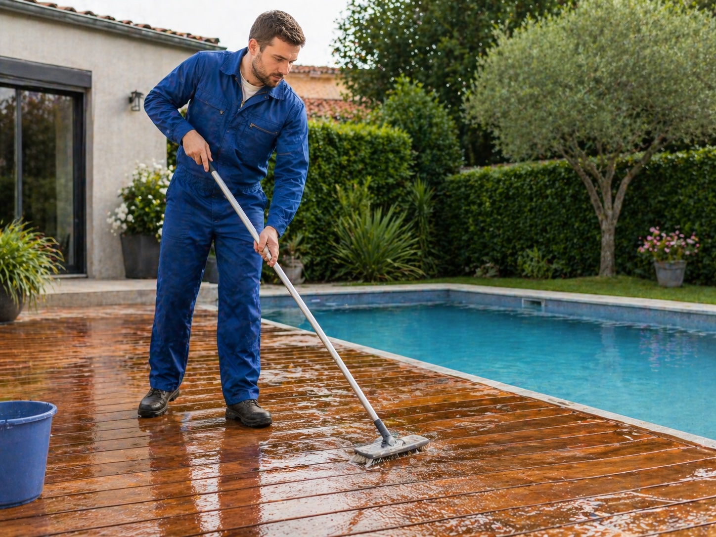 Acceuil homme nettoie plancher piscine